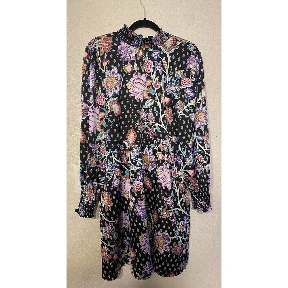 Loft Dress Womens 12‎ Black Floral Smocked Trim A Line Cottagecore Long Sleeve